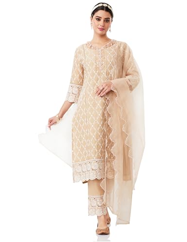 Image of Amazon Brand - Myx Women Embroidered Cotton Kurta Pant Set with Organza Dupatta (Available in Plus Sizes)