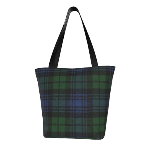 Black Watch Ancient Original Scottish Tartan Reusable Zippered Shoulder Bag, Stylish Polyester Tote With Wide Handle & Inner Pocket, Lightweight Durable Shopping & Travel Bag