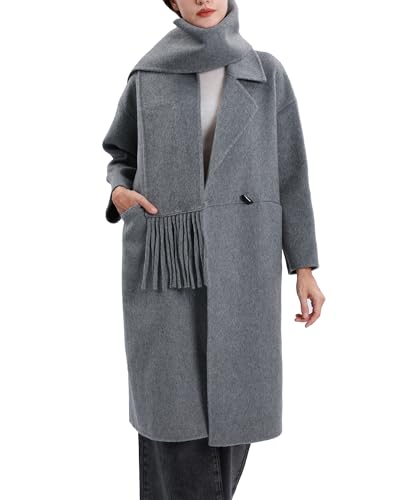 Womens Winter Notch Lapel Wool Blend Coat Casual Warm Peacoat with Scarf2