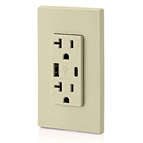 Image of Leviton Type A & Type-C USB In-Wall Charger with 20A Tamper-Resistant Outlet, USB Charger for Smartphones and Tablets. Not for Laptops, T5833-I, Ivory