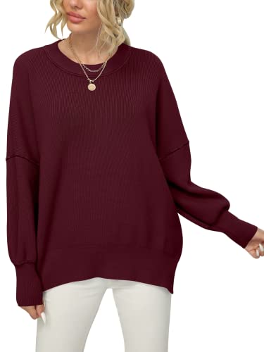 Winter Trendy Low Crewneck Batwing Cute Sweaters For Women Elegant Coldproof Cropped Ribbed Knit Oversized Loose Long Sleeve Pullover Top Wine Red S… #TOP1