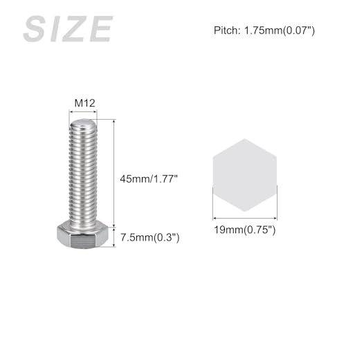 Image of METALLIXITY Hex Bolts (M12-1.75x45mm) 4Pcs, 304 Stainless Steel Coarse Fully Threaded Hex Head Screw Bolt Machine Screws - for Furniture Repair, Silver