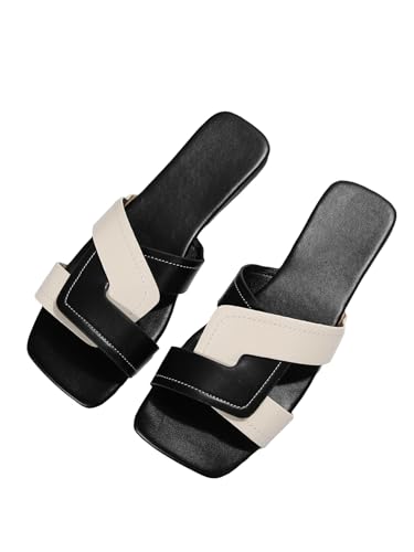 GORGLITTER H-Band Flat Sandals for Women Dressy Color Block Slides Open Square Toe Summer Beach Vacation Sandals