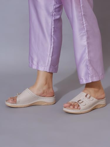 Image of Shoetopia Women's Comfort Sandals with Double Strap Buckle || Orthopedic Soft Sole Slip-On Flats for Daily Footwear