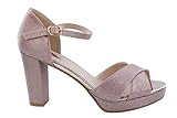zapatos tacon medio rosa palo  Lares - Sandalia Tacon Fiesta de Mujer. Puntera Abierta y Pala Cruzada Glitter. Color: Nude. Talla: 37
