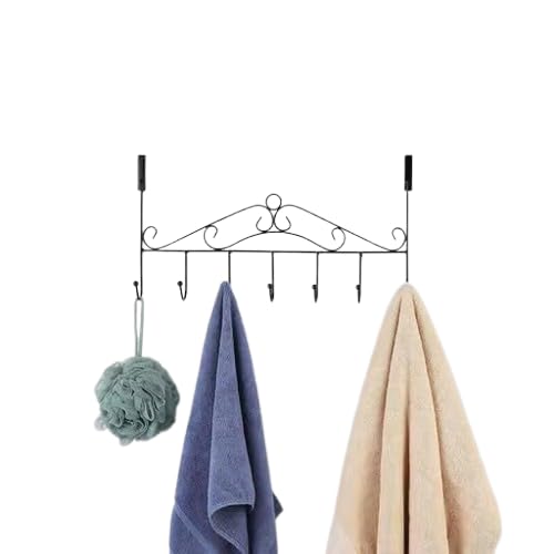Over the Door Hook Rack, 5 Hooks, Black Metal, 38.4x24.4 cm | No Drilling Required, Decorative Scroll Design, Towel & Coat Hanger, 3 cm Hook Spacing, Bathroom & Bedroom-image-30