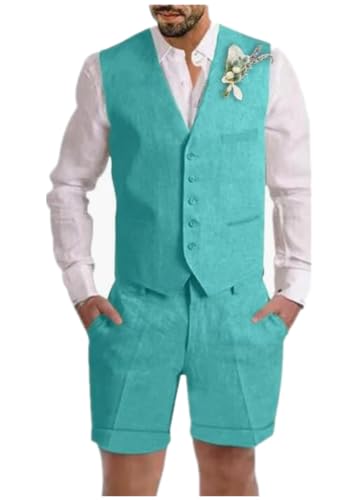 Summer Beach Men Suits Linen Shorts Vest Set Beach Mens Wedding Grooms - Main Image