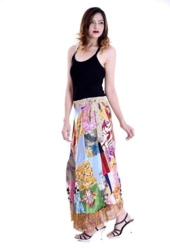 Vintage Silk Sari Patchwork Wraparound Long Skirt - Embrace Timeless Elegance Perfect for Any Occasion or Casual (Free Size -32 inch,Multicolor)3
