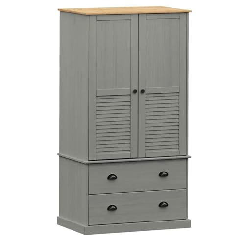 Teenpull Armario Vigo gris madera maciza de pino 90 x 55 x 170 cm con barra para colgar y cajones, moderno armario para dormitorio y vestidor