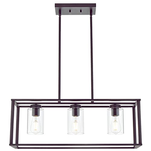 VINLUZ 3-Light Industrial Metal Large Pendant Lighting Oil Rubbed Bronze Modern Linear Chandelier with Clear Glass Shades Farmhouse Rustic Ceiling Light Fixtures Hanging for Dining Room Kitchen Island