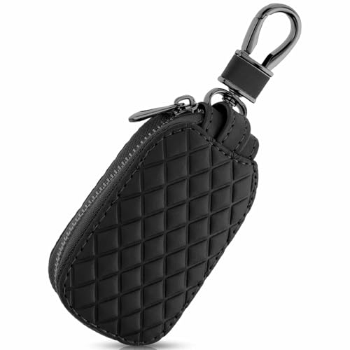 Generic Genuine Leather Car Key Case, Universal Auto Key Fob Cover, Anti Scratch, Waterproof, Zipper Bag with Keychain & Carabiner, Unisex-Adults, Dark Black