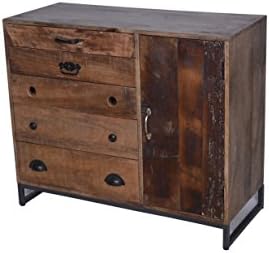 Designe Gallerie Cameron Five Drawer Reclaimed Wood Sideboard,Living, Dining Room, Buffet Table, One Door Cabinet, Rustic Handcrafted Look-Natural, Brown