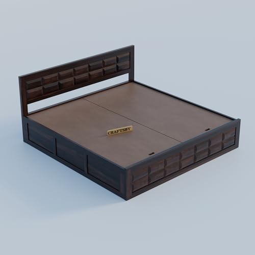 Image of Solid Sheesham Wood King Size Bed with Storage | Wooden Double Bed Cot for Bedroom & Home | Palang Double Bed with Designer Headboard | Walnut Finish, 81 x 74 Inch