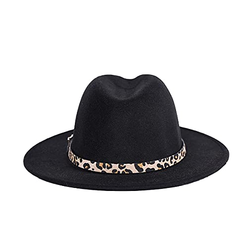 Men & Women Two Tone Classic Wide Brim Fedora Hat With Belt,2022 Fedora Hats (Black+Leopard) #TOP2