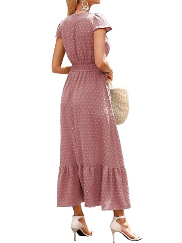Women Nursing Boho Maxi Dresses Cap Short Sleeve V Neck Swiss Dot High Waisted A-Line Ruffle Tiered with Pockets4