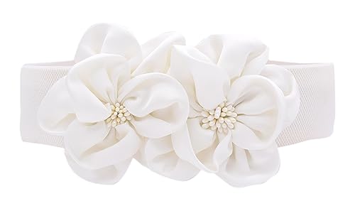 Mulheres de meninas grandes na moda dupla decoração flores fivela ajustável cinto de cintura larga elástico, Branco