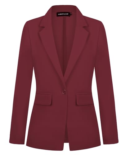 MINTLIMIT Womens Blazer Notched Lapel Long Sleeve Button Front Jacket Suits with Pockets Outerwear,Wine Red,XL