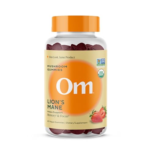 OM MUSHROOM SUPERFOOD Lions Mane Mushroom Gummies USA Grown Organic Lions Mane Supports Memory Focus & Cognitive Health Strawberry Flavor 30 Servings 60 Count.