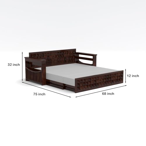 Image of Kunjal Furniture Solid Sheesham Wood Sofa Cum Bed with Storage for Living Room | Natural Finish | 3-Seater Convertible Sofa Bed | Handmade Wooden Furniture (Walnut, Diamond)
