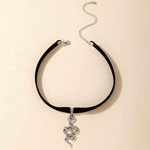 Yheakne Punk Snake Velvet Choker Silver Serpent Pendant Necklace Chain Short Black Velvet Necklace Stretch Ribbon Necklace Gothic Snake Necklace Jewelry for Women and Girls