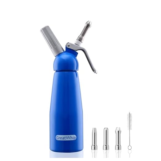 GreatWhip Dispensador de chantili de alumínio altamente durável para chantilly 500 ml e creme de grande capacidade com 3 bocais de aço inoxidável e escova de limpeza (azul)