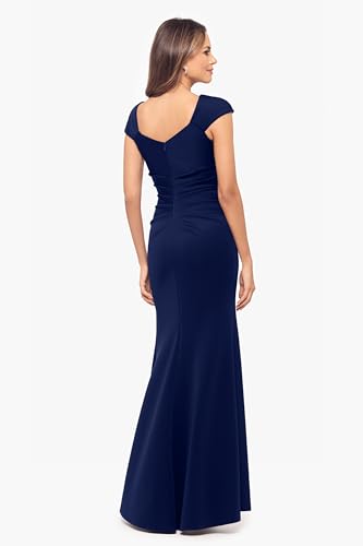 Image of Xscape Women's Asymmetrical Neck Cap Sleeve Ruched High Slit Gown, Midnight, 12P