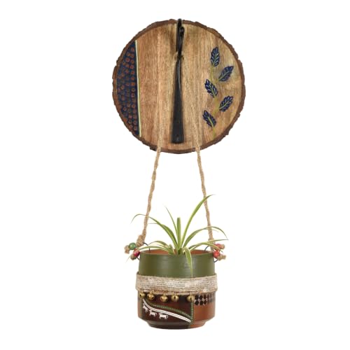 Image of AAKRITI ART CREATIONS Wall Hanging Planter with Hook | Jute Embellished Brown Earthen Planter on Round Wall Hook, Floral Art, Matte Finish | Metal, Terracotta & Wood