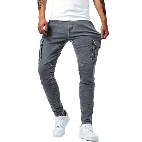 Jeans cargo da uomo, pantaloni cargo elasticizzati, skinny, slim fit, denim, moderni, pantalone, con bottoni, chiusura lampo, gamba dritta