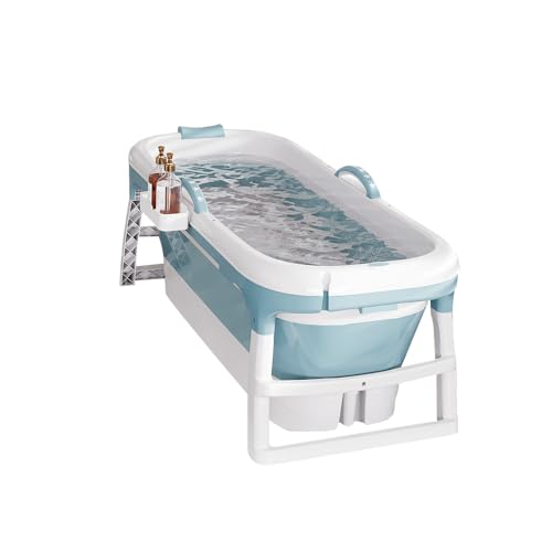 Bañera plegable para adultos, baño polar al aire libre, 118 x 60 x 53 cm, portátil, plegable, con tapa y rodillos de masaje, cesta de jabón, para baño y ducha, (azul)