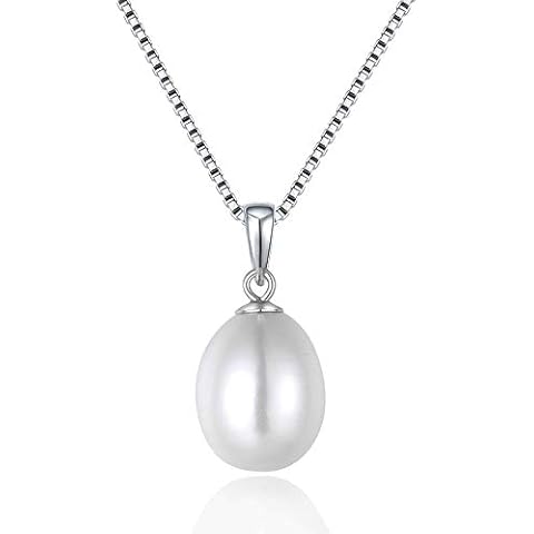 SWOPAN 925 Sterling Silver Freshwater Cultured Pearl Pendant Necklace with 7.5MM-8MM Handmade Teardrop Pearl Charms Pendant for Women Pendant Platinum Plated Jewelry, Single Pearl-White(7.5MM-8MM) Cover