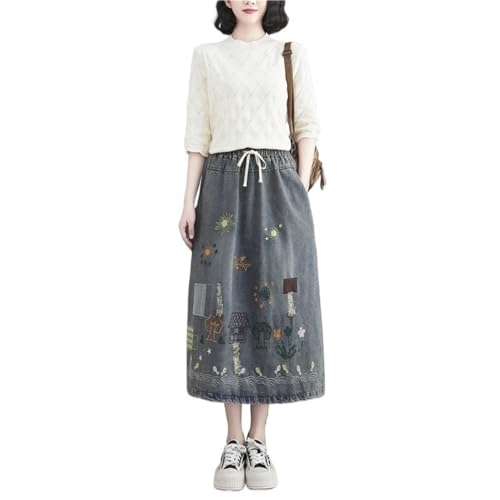 Funny Embroidered Midi Denim Skirt for Women Elastic High Waist Casual Loose A-line Skirts with Side Pockets