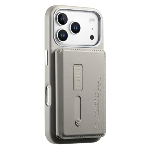 Coque iPhone 17 Pro Max gris en cuir premium avec porte-cartes aimanté