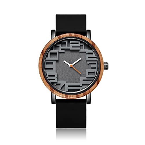 GORBEN Men Wooden Watches Analog Quartz Wrist Wood Watches Silicone Strap Sports Casual Watches Bamboo Natural Personalized Minimalist Watch for Birthday Graduated Wedding Gift (Black+Grey)
