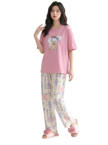 Image of Women's Korean Style Looper Fabric Nightsuit Set | Cute Print Half Sleeve T-Shirt & Pajama Set | Soft Comfortable Nightwear & Loungewear for Women