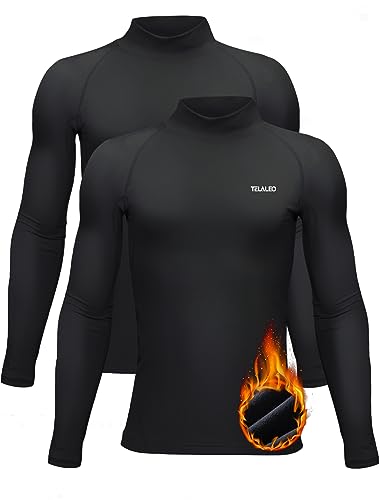 TELALEO Youth Boys' Girls' Thermal Compression Shirt Long Sleeve Fleece Lined Base Layer Athletic Football Undershirt 2 Pack Black XL