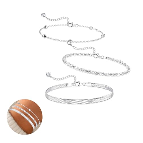 Peysaitr 3 Stück Verstellbare Armband Damen, Silver Armband Set, Modeschmuck Armbander Set, Armkette Geschenke, Stapelbare Kettenarmband für Frauen Mädchen
