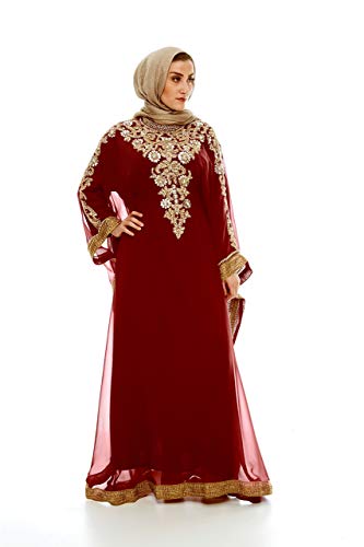 Royal Bliss Kaftan for Women, Long Sleeve Maxi Dress & Formal Gown (Maroon), 100% Chiffon Made with Adjustable Hidden Waist Strap, Designed with Alluringly Beautiful Gold Beads and Crystal