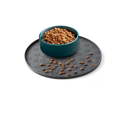Napfunterlage Katzen, 27×27 cm Silikonmatte Rund, rutschfeste Unterlage Hundenapf für Futter, Wasserdicht Silikon-Futtermatten für Mittlere und Kleine Haustiere (1Pack Grau, 27cm x 27cm)