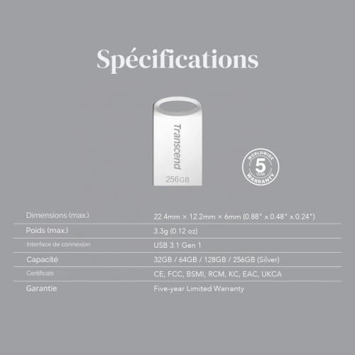 Transcend 128Go JetFlash 710 Clé USB 3.0, Ultra-compacte, argentée