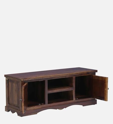 Image of Solid Wood TV Unit for Living Room 50 Inch Furniture - Wooden TV Unit with Storage Cabinet with 2 Door, 2 Open Shelves Wooden TV Cabinet for Living Room - Fits up to 50-Inch TV (Evan)