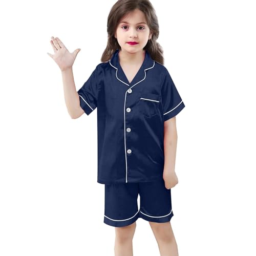 Boys Girls Pa𝗷ama Short P𝗝s Set Breathable Loun𝗴ewear Kids Solid Button-Down Slee𝗽wear Pocket N𝐢ghtwear Clothes2