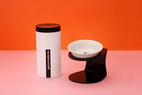Gatomoderno Kit Comedouro Elevado Suporte Acrílico Preto com Prato para Gatos Fundo de Porcelana, Al