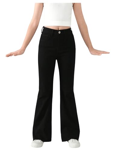 SHENHE Girl's High Waisted Flare Leg Frayed Raw Hem Bell Bottom Jeans Denim Pants