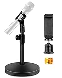 BILIONE Mic Stand Desk with Microphone and Cell Phone Clip, Upgraded Weighted Base, Adjustable Height, Condenser, Podcast, Mike Accessories, 5/8' Male to 3/8' Female Metal Adapter
