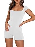 REORIA Women's Sexy Casual Square Neck Backless Short Sleeve Unitard Bodysuit Bodycon Stretchy One Piece Summer Outfits Short Jumpsuits Shorts Rompers White Small