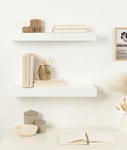 Image of Kate and Laurel Havlock Modern Natural Floating Shelves; Set of 2; 24 x 8; White; Functional Bathroom and Kitchen Shelves for Storage and Display