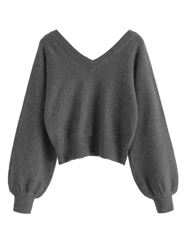 Image of ZAFUL Women's Cropped Sweater V-Neck Long Sleeve Pullover Jumper Knit Top | Crop Length, Ribbed Knit, Double V design, White sweater, Raglan sleeves, lantern sleeve, Fall & Winter, Loose fit, Oversized
