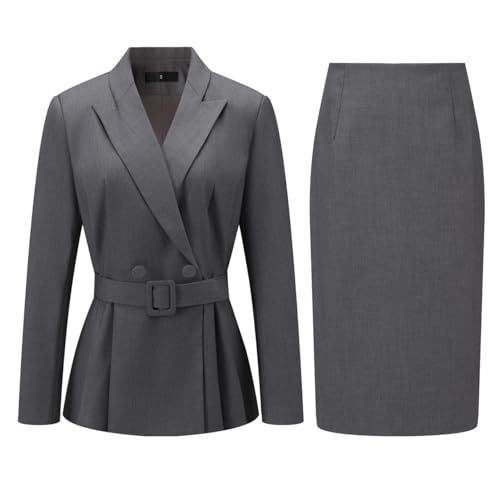 2 Piece Skirt Suit Set for Women Business Casual Outfits Professional Office Work Long Sleeve Peplum Blazer Pencil Skirt Sets Grey - Thumbnail 2