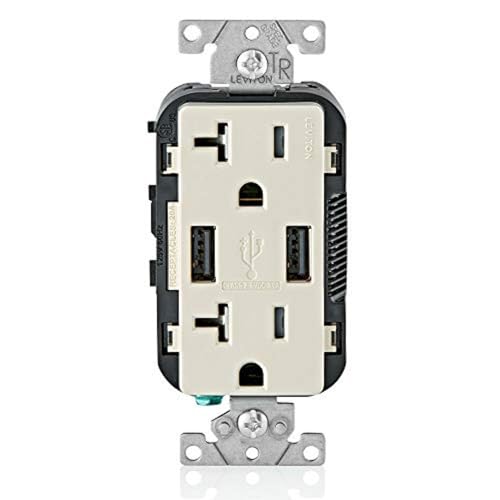 Image of Leviton T5832-T Type-A USB in-Wall Charger with 20A Tamper-Resistant Outlet, USB Charger for Smartphones, Light Almond