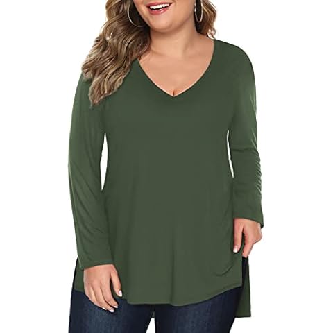 Florboom Women's Long Sleeve Top Casual Oversized V Neck T Shirts, Army Green 22 24 Cover